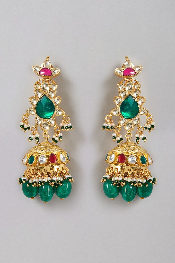 Gold Finish Multi-Colored Synthetic Stone & Beaded Dangler Earrings by VASTRAA Jewellery at Pernia's Pop Up Shop