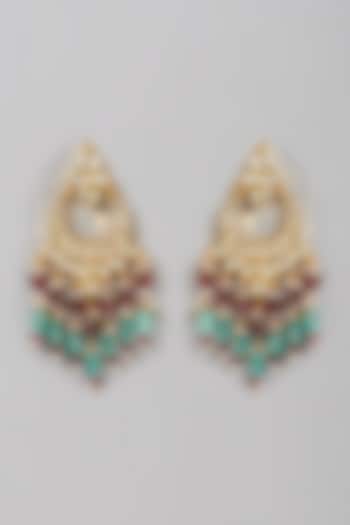 Gold Finish Kundan Polki & Multi-Colored Beaded Dangler Earrings by VASTRAA Jewellery