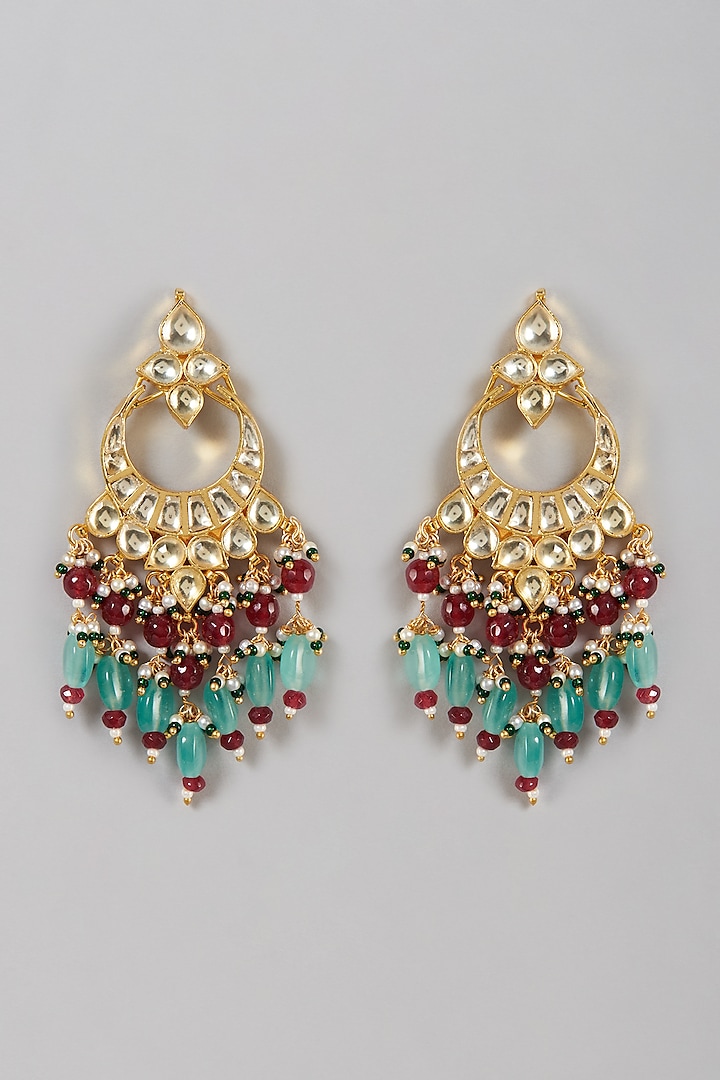 Gold Finish Kundan Polki & Multi-Colored Beaded Dangler Earrings by VASTRAA Jewellery