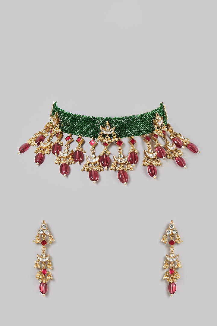 Gold Finish Ruby Synthetic Stone & Beaded Choker Necklace Set by VASTRAA Jewellery at Pernia's Pop Up Shop