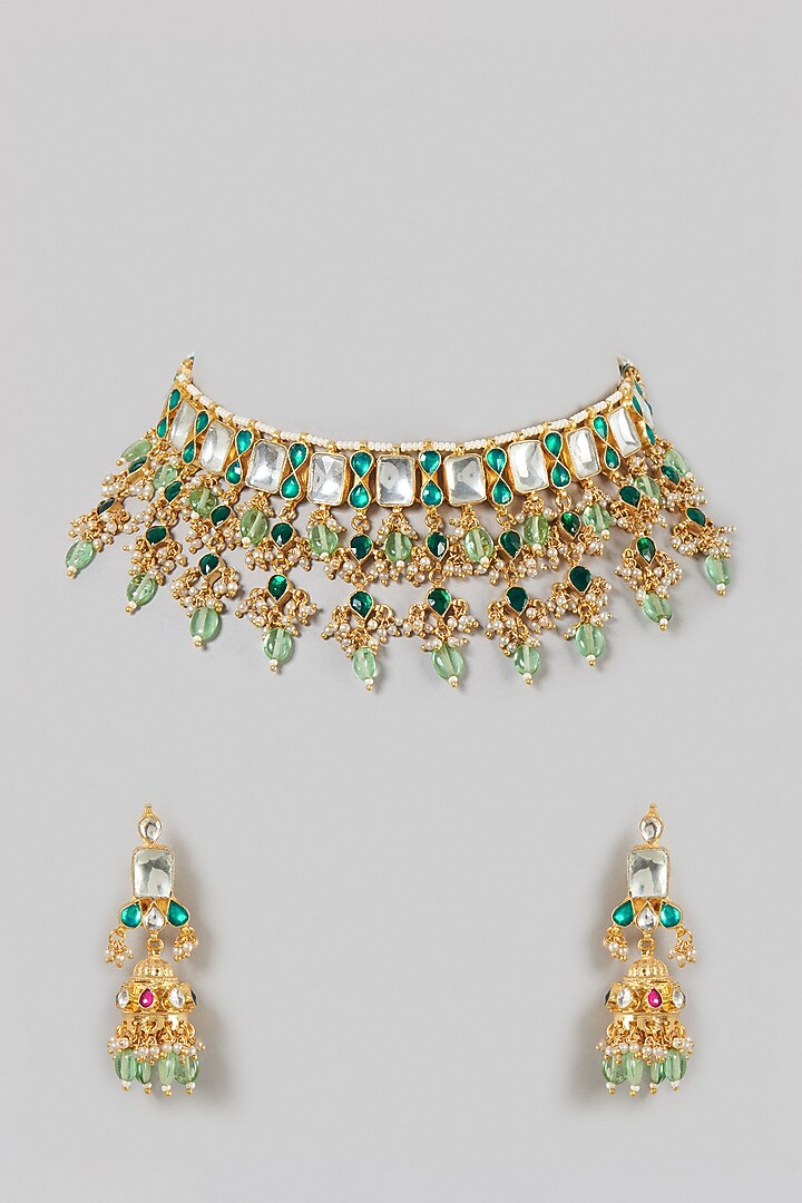 Gold Finish Kundan Polki & Green Beaded Choker Necklace Set by VASTRAA Jewellery at Pernia's Pop Up Shop