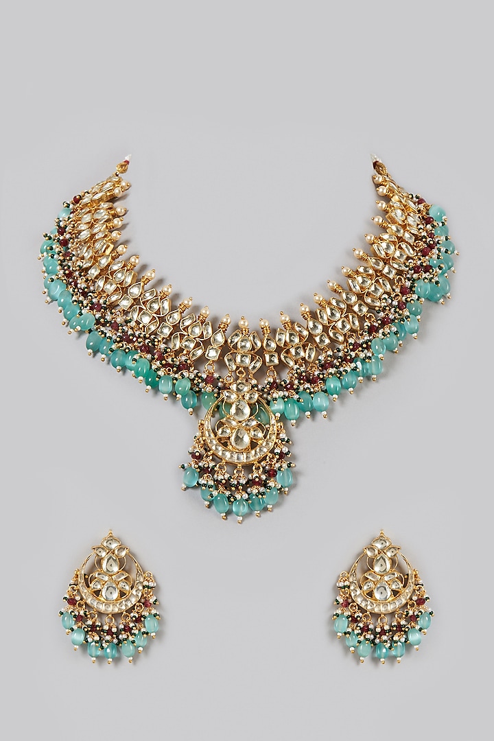 Gold Finish Kundan Polki & Aqua Beaded Necklace Set by VASTRAA Jewellery