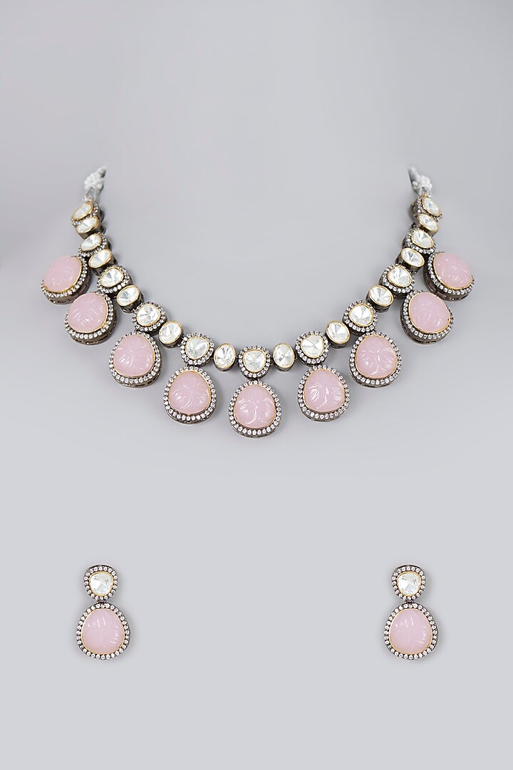 Two Tone Finish Pastel Pink Stone Choker Necklace Set by VASTRAA Jewellery at Pernia's Pop Up Shop