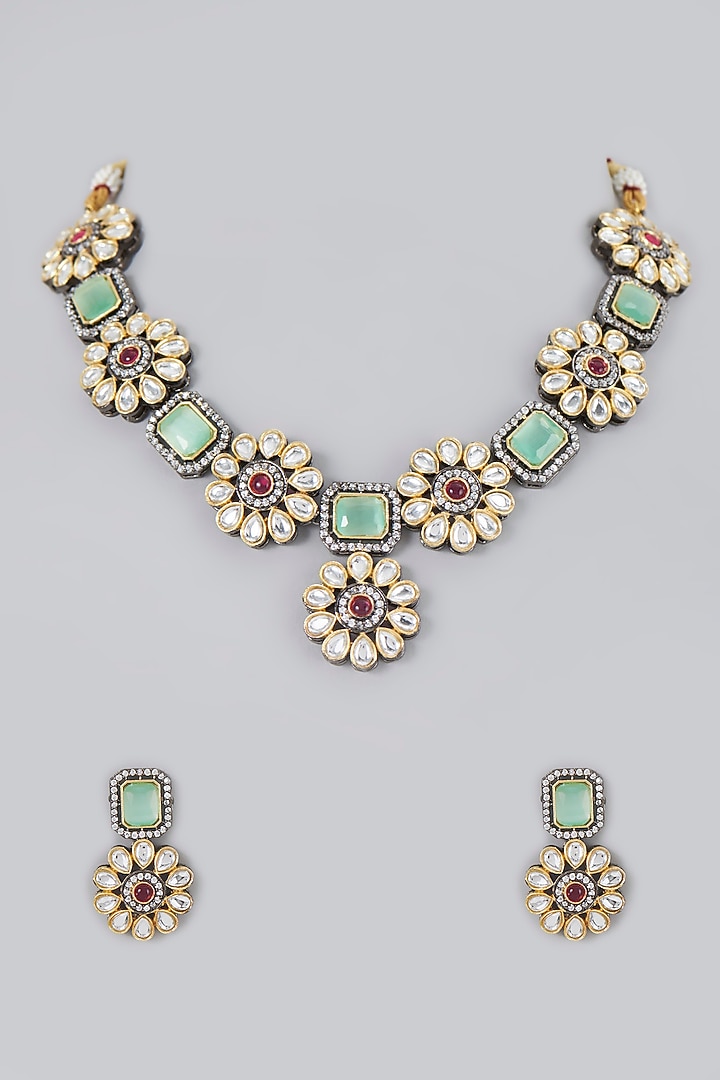 Two Tone Finish Pastel Green Stone Choker Necklace Set by VASTRAA Jewellery at Pernia's Pop Up Shop