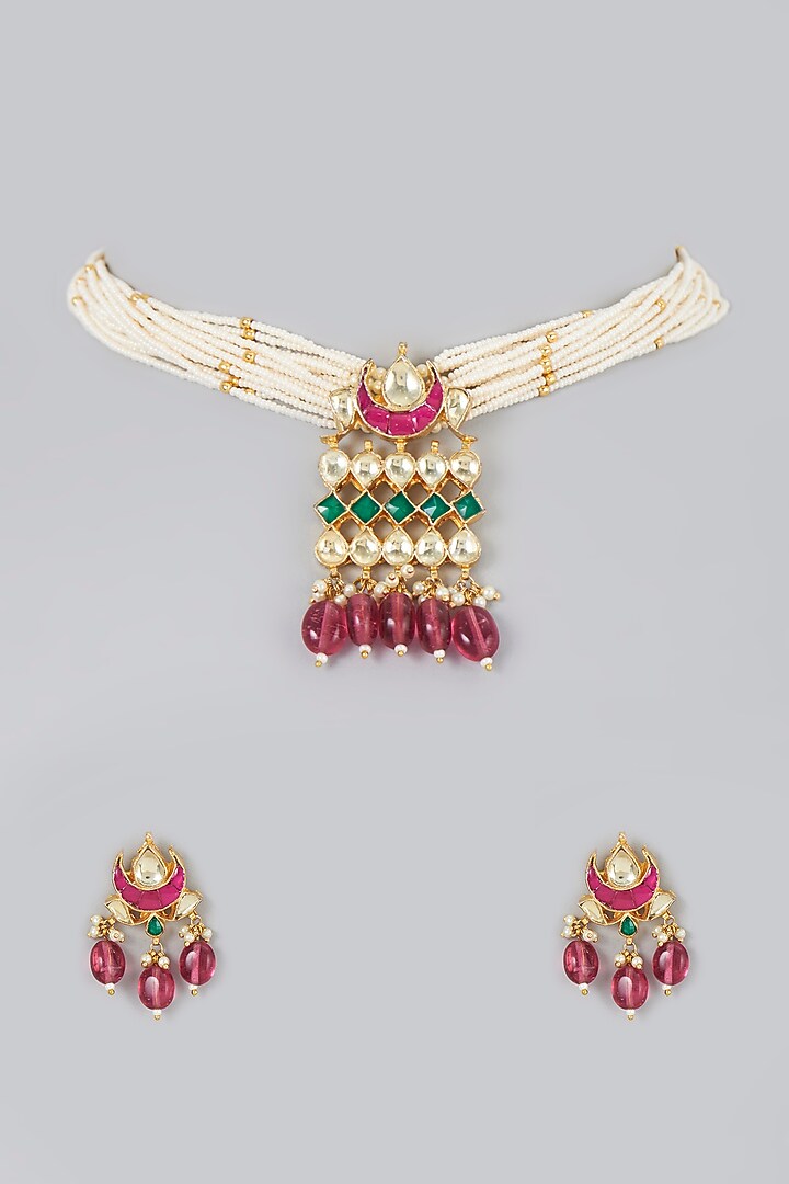 Gold Finish Kundan Polki & Pearl Choker Necklace Set by VASTRAA Jewellery at Pernia's Pop Up Shop