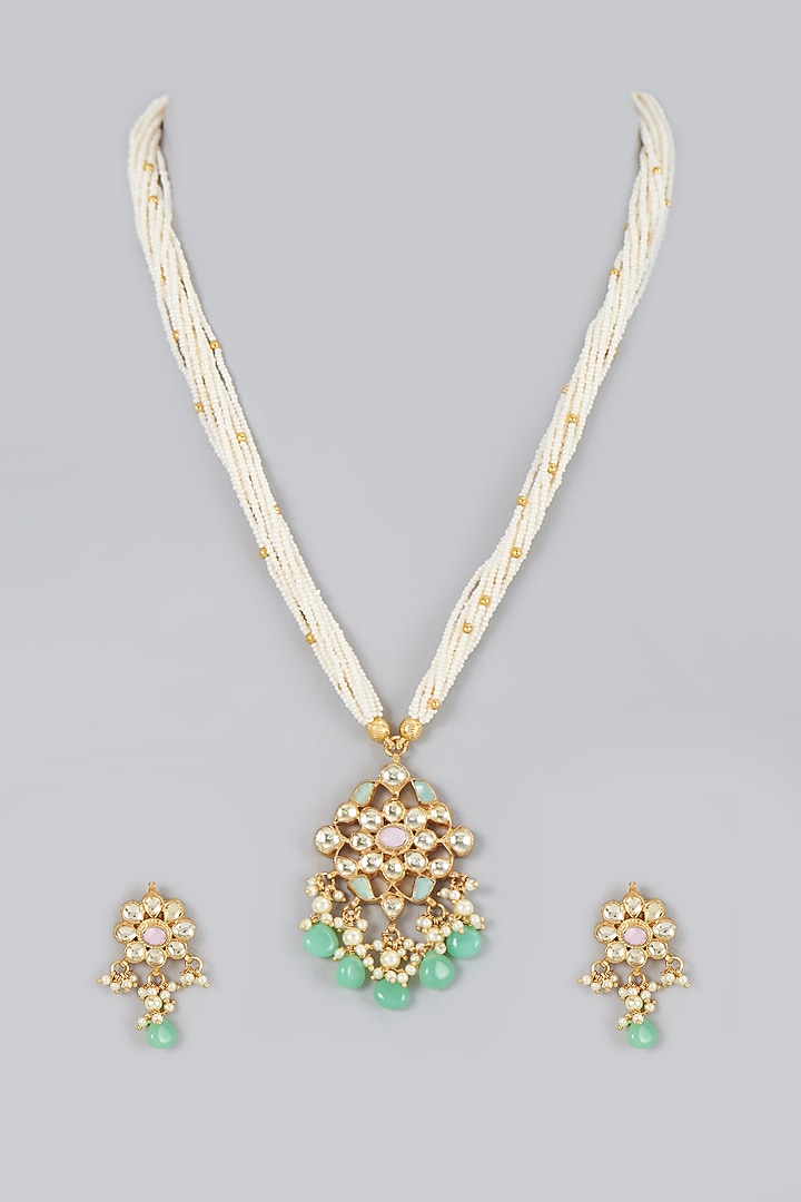 Gold Finish Pearl & Kundan Polki Long Necklace Set by VASTRAA Jewellery at Pernia's Pop Up Shop