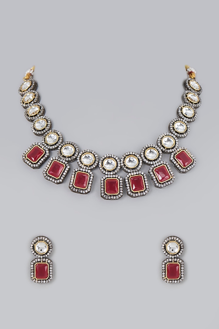 Two Tone Finish Red Stone Choker Necklace Set by VASTRAA Jewellery at Pernia's Pop Up Shop