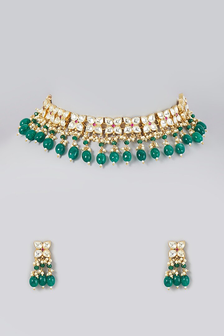 Gold Finish Kundan Polki & Green Beaded Choker Necklace Set by VASTRAA Jewellery at Pernia's Pop Up Shop