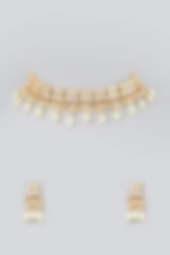Gold Finish Pearl & Kundan Polki Choker Necklace Set by VASTRAA Jewellery at Pernia's Pop Up Shop