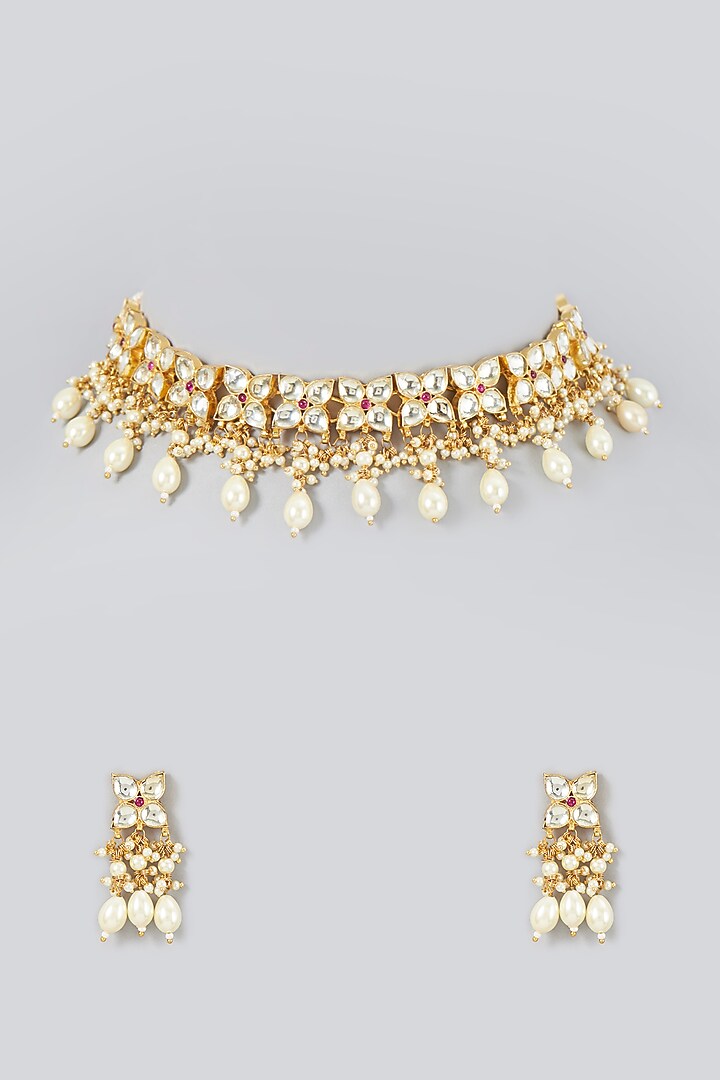 Gold Finish Pearl & Kundan Polki Choker Necklace Set by VASTRAA Jewellery at Pernia's Pop Up Shop