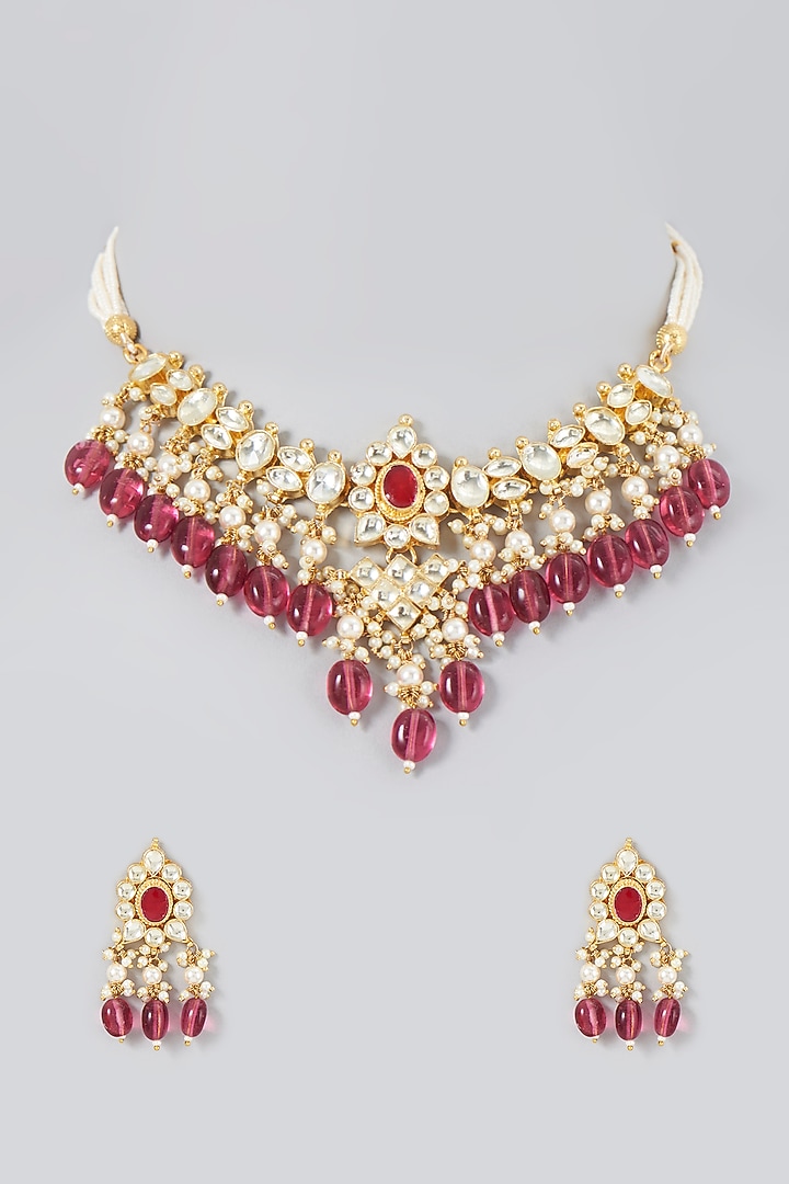 Gold Finish Kundan Polki & Maroon Beaded Choker Necklace Set by VASTRAA Jewellery at Pernia's Pop Up Shop