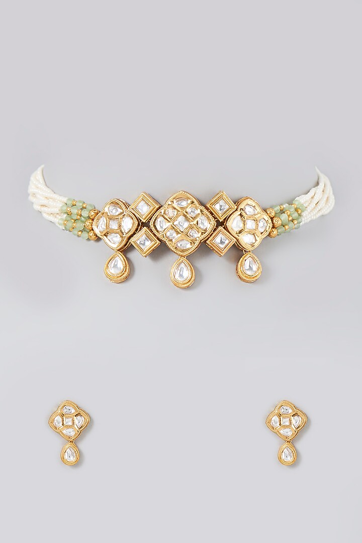 Gold Finish Kundan Polki & Pearl Choker Necklace Set by VASTRAA Jewellery at Pernia's Pop Up Shop