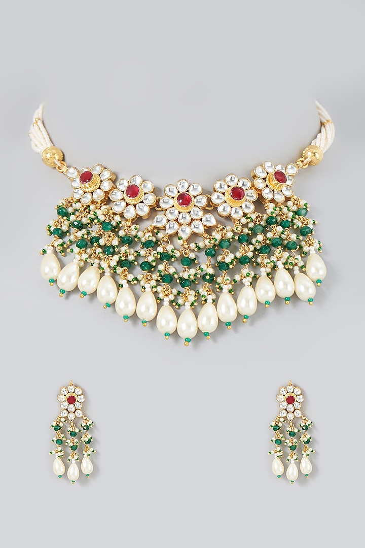 Gold Finish Choker Necklace Set With Pearls by VASTRAA Jewellery