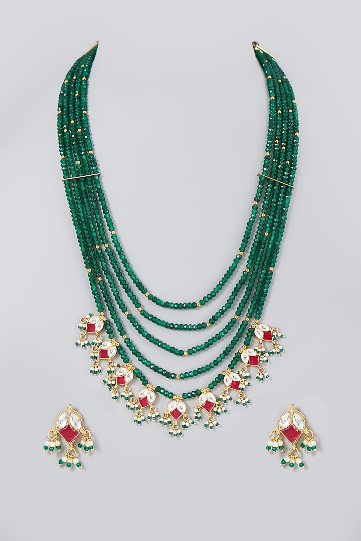 Gold Plated Multicolored Kundan Polki Long Necklace Set With Earrings main image 0