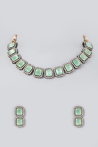 Two Tone Finish Green Stone Choker Necklace Set by VASTRAA Jewellery
