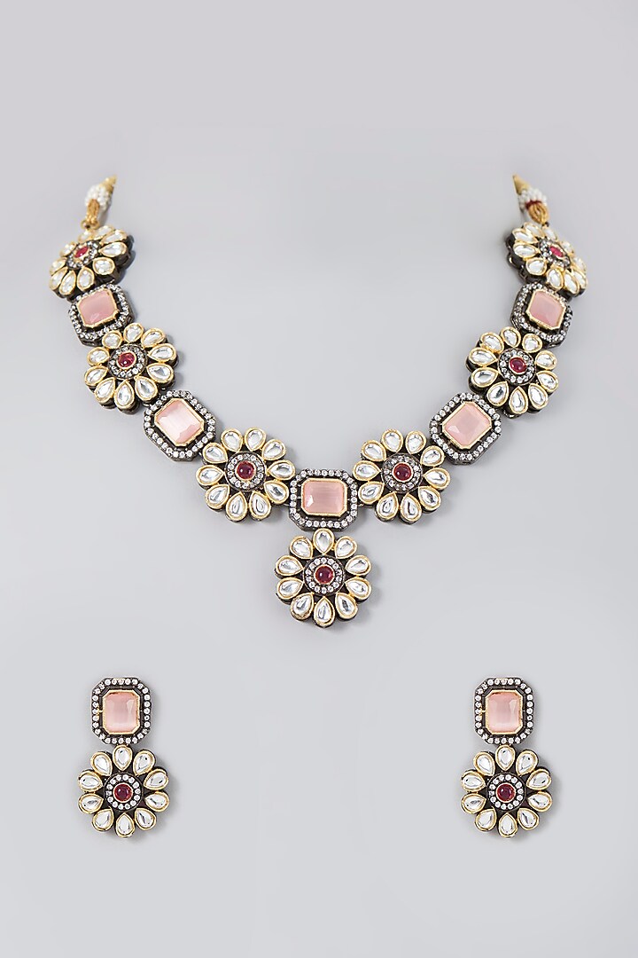 Two Tone Finish Pastel Pink Stone Choker Necklace Set Design by VASTRAA