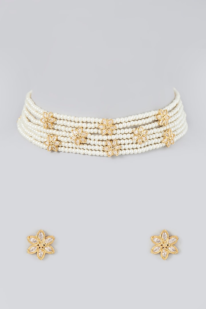 Gold Finish Pearl & Kundan Polki Choker Necklace Set by VASTRAA Jewellery at Pernia's Pop Up Shop