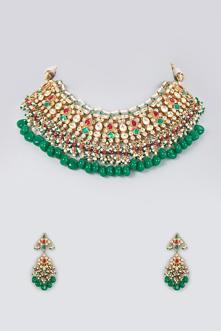 Gold Finish Kundan Polki & Green Beaded Choker Necklace Set by VASTRAA Jewellery at Pernia's Pop Up Shop