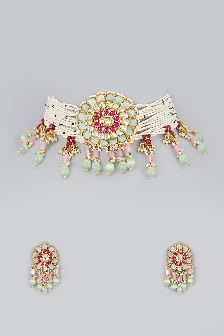 Gold Finish Kundan Polki & Pastel Green Beaded Choker Necklace Set by VASTRAA Jewellery at Pernia's Pop Up Shop