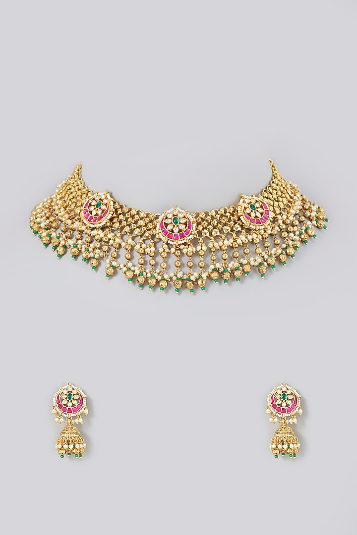 Gold Finish Kundan Polki Choker Necklace Set by VASTRAA Jewellery at Pernia's Pop Up Shop