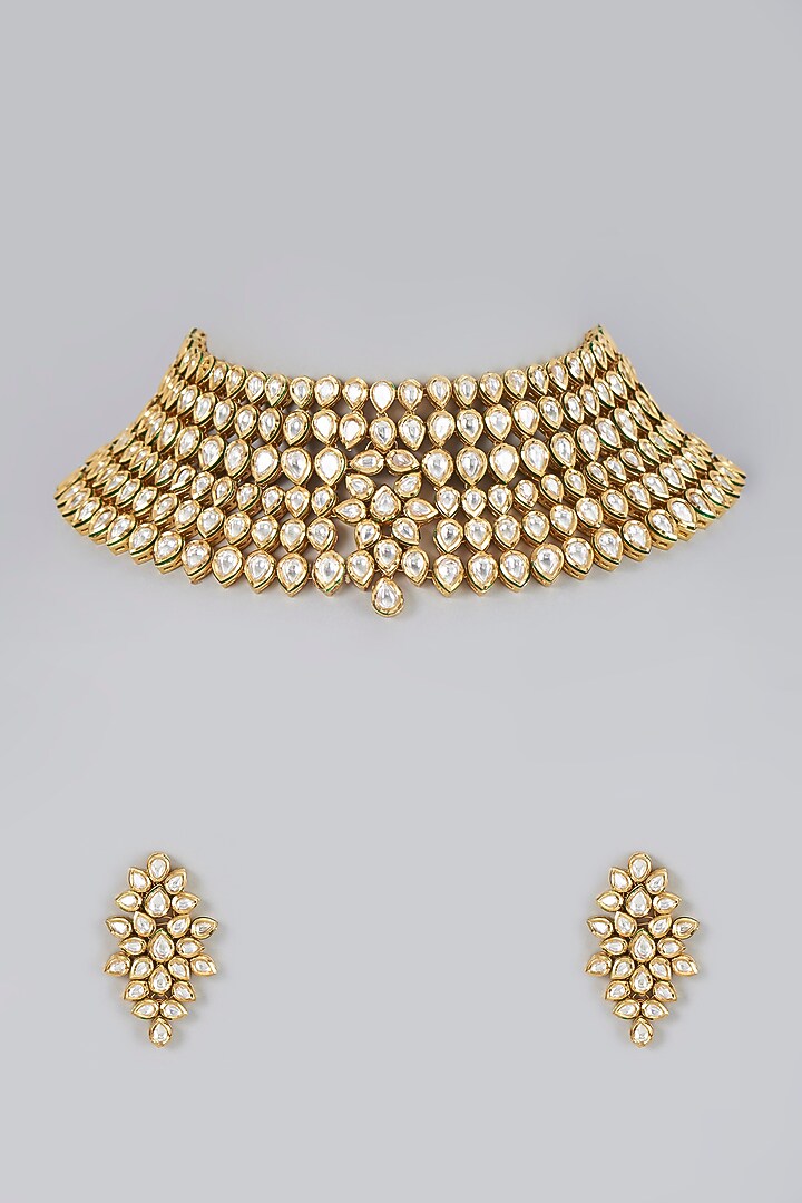 Gold Finish Kundan Polki Choker Necklace Set by VASTRAA Jewellery at Pernia's Pop Up Shop