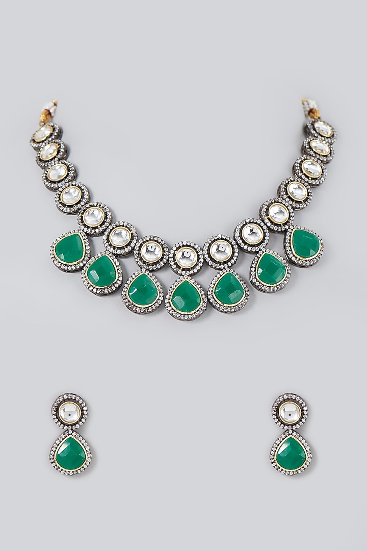 Two Tone Finish Pearl & Green Stone Choker Necklace Set by VASTRAA Jewellery at Pernia's Pop Up Shop