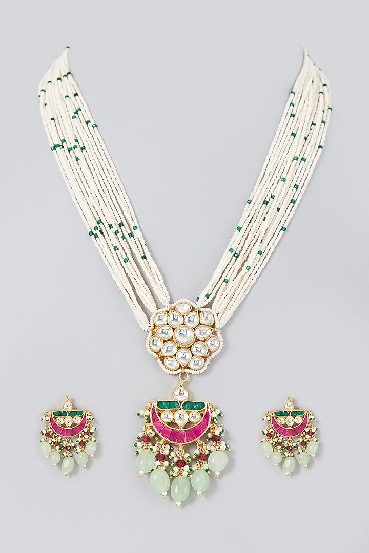 Gold Finish Kundan Polki & Green Beaded Long Necklace Set by VASTRAA Jewellery at Pernia's Pop Up Shop