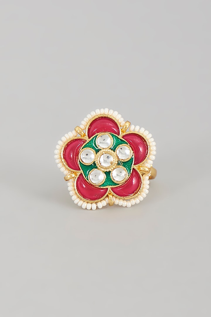 Gold Finish Kundan Polki & Pearl Ring by VASTRAA Jewellery at Pernia's Pop Up Shop
