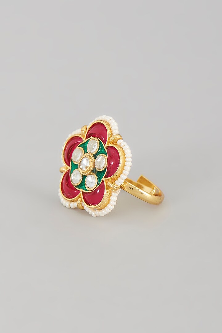 Gold Finish Kundan Polki & Pearl Ring by VASTRAA Jewellery at Pernia's Pop Up Shop