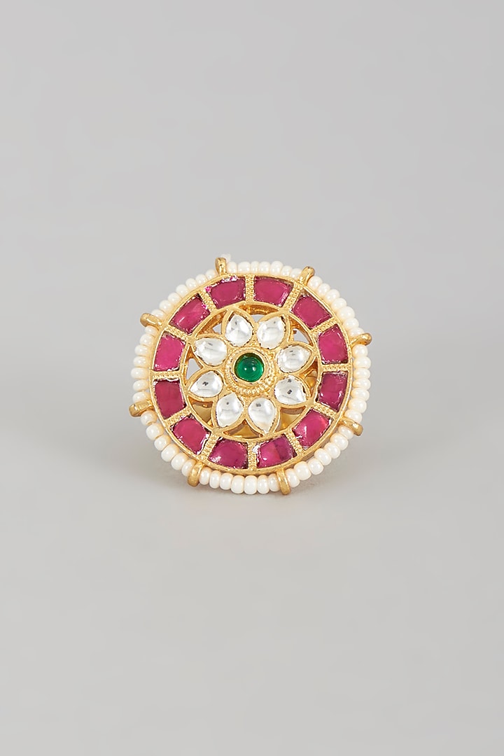 Gold Finish Kundan Polki & Pearl Ring by VASTRAA Jewellery at Pernia's Pop Up Shop