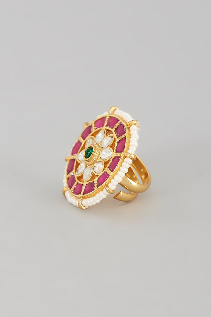 Gold Finish Kundan Polki & Pearl Ring by VASTRAA Jewellery at Pernia's Pop Up Shop