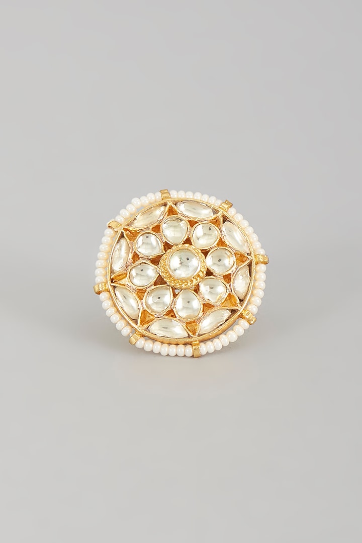 Gold Finish Kundan Polki & Pearl Ring by VASTRAA Jewellery at Pernia's Pop Up Shop