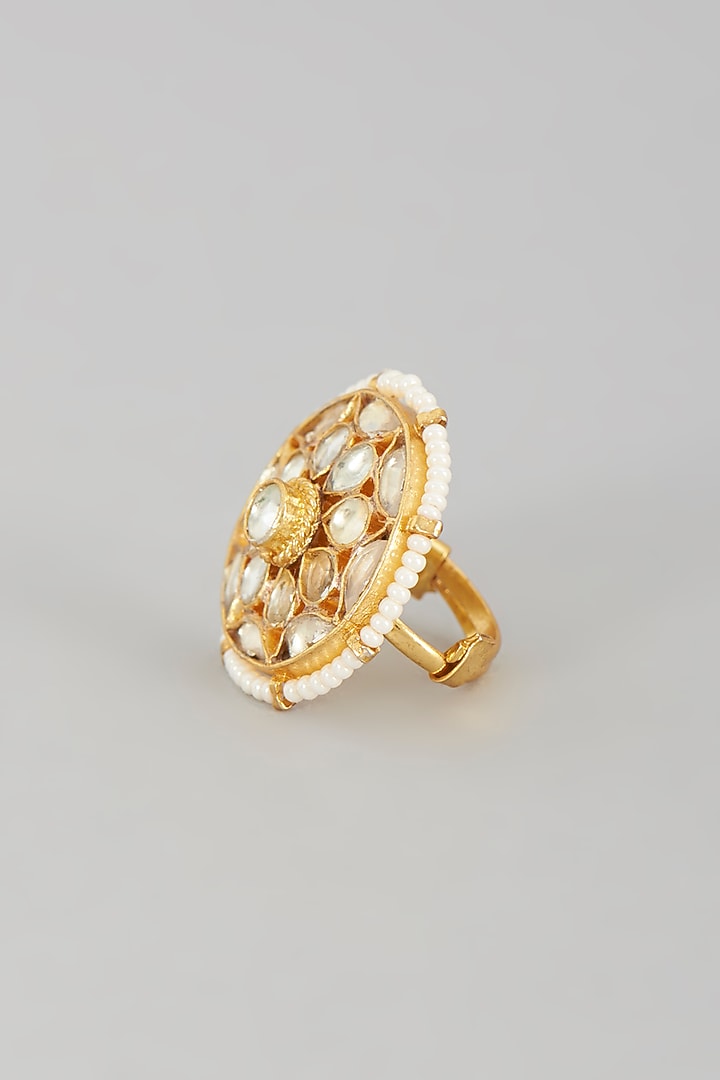 Gold Finish Kundan Polki & Pearl Ring by VASTRAA Jewellery at Pernia's Pop Up Shop