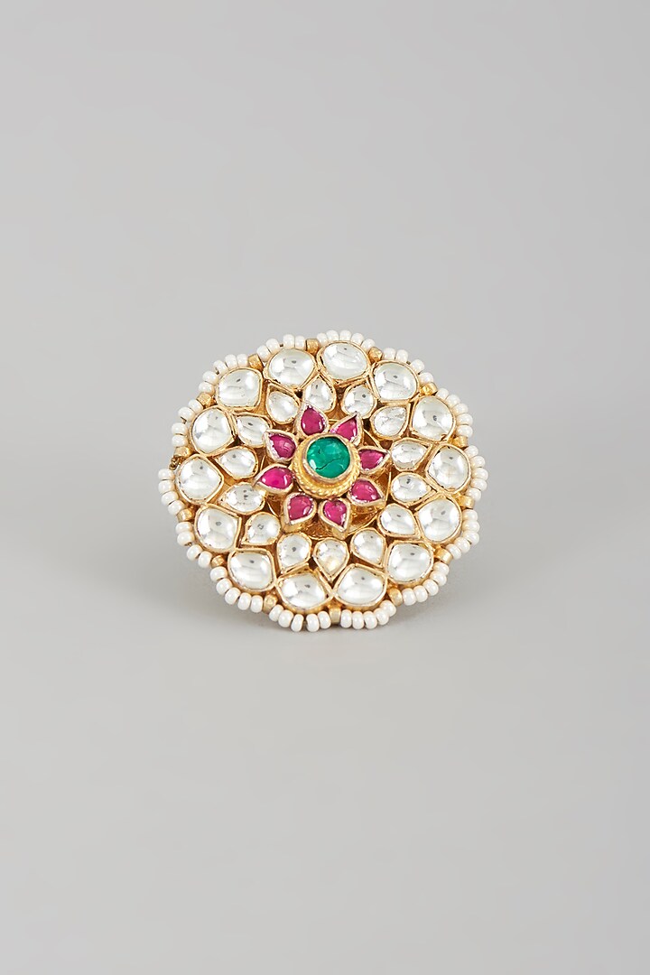 Gold Finish Kundan Polki & Pearl Ring by VASTRAA Jewellery at Pernia's Pop Up Shop