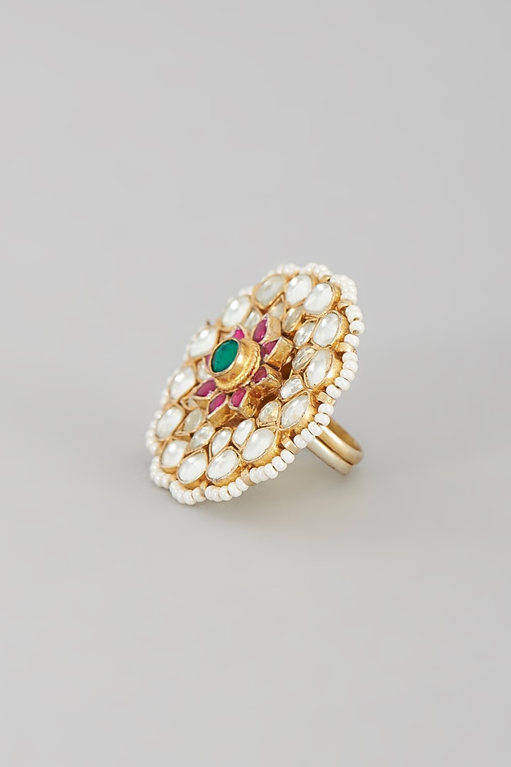 Gold Finish Kundan Polki & Pearl Ring by VASTRAA Jewellery at Pernia's Pop Up Shop
