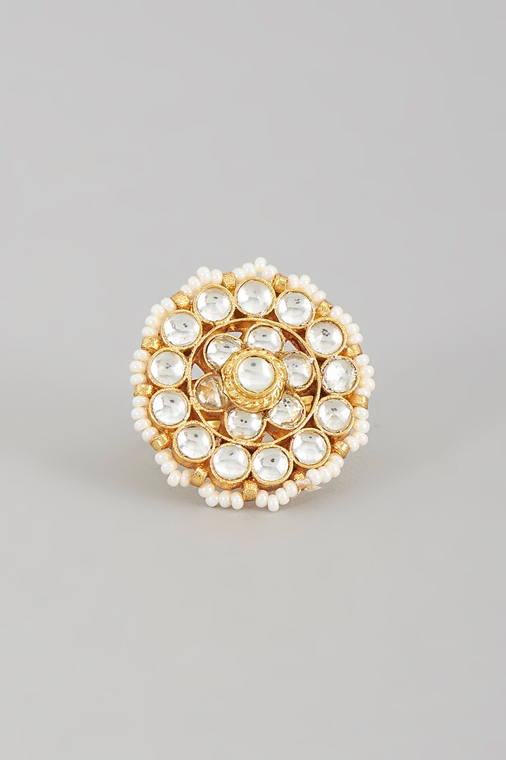 Gold Finish Kundan Polki & Pearl Ring by VASTRAA Jewellery at Pernia's Pop Up Shop