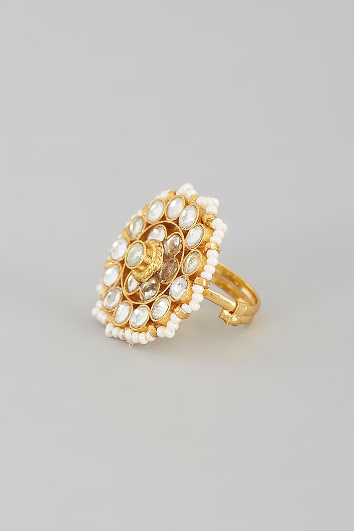 Gold Finish Kundan Polki & Pearl Ring by VASTRAA Jewellery at Pernia's Pop Up Shop