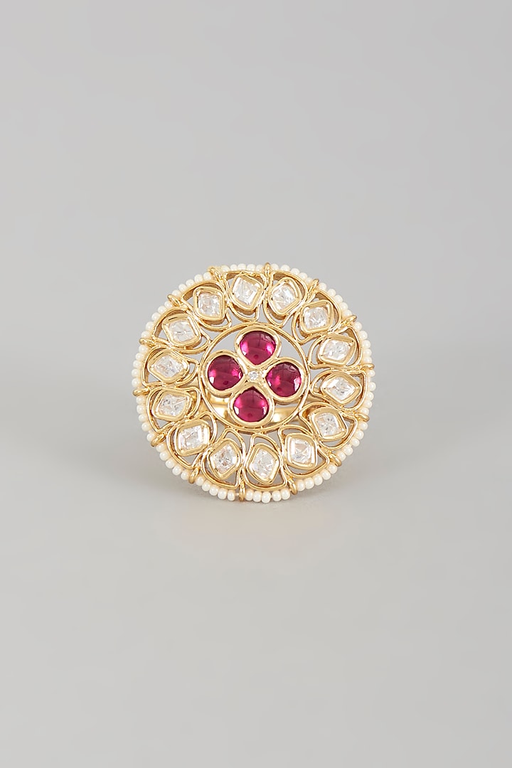 Gold Finish Kundan Polki & Pearl Ring  by VASTRAA Jewellery at Pernia's Pop Up Shop