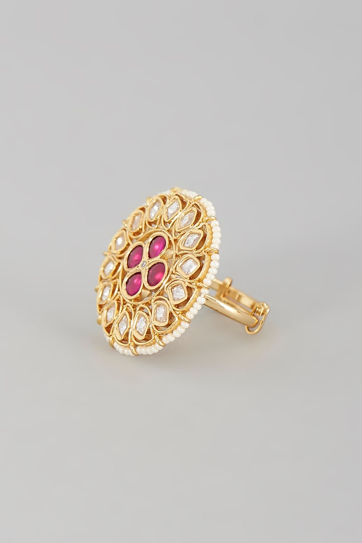 Gold Finish Kundan Polki & Pearl Ring  by VASTRAA Jewellery at Pernia's Pop Up Shop