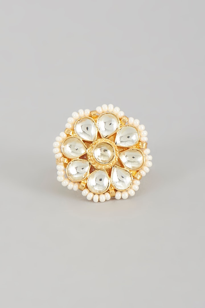 Gold Finish Kundan Polki & Pearl Ring by VASTRAA Jewellery at Pernia's Pop Up Shop