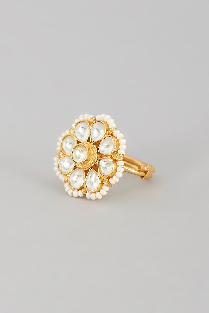 Gold Finish Kundan Polki & Pearl Ring by VASTRAA Jewellery at Pernia's Pop Up Shop