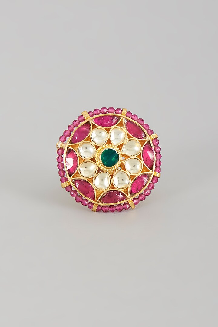 Gold Finish Kundan Polki & Pearl Ring by VASTRAA Jewellery at Pernia's Pop Up Shop