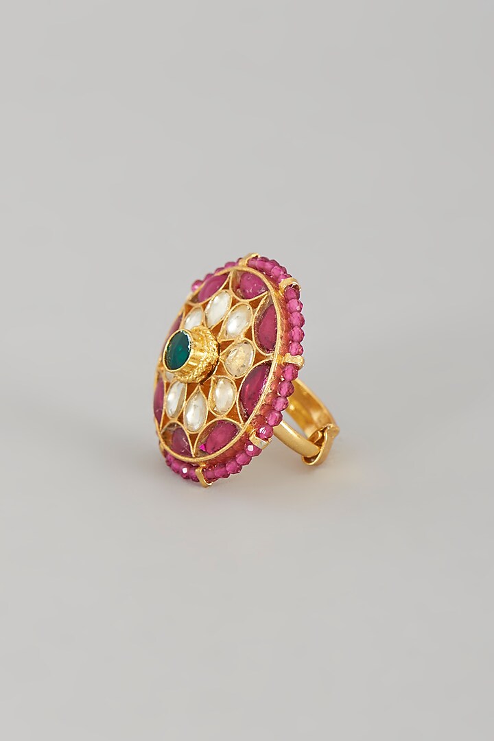 Gold Finish Kundan Polki & Pearl Ring by VASTRAA Jewellery at Pernia's Pop Up Shop