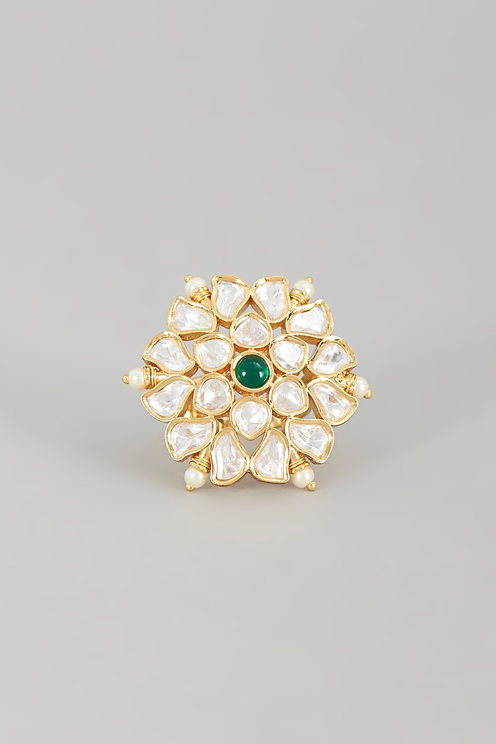 Gold Finish Kundan Polki & Pearl Ring by VASTRAA Jewellery at Pernia's Pop Up Shop