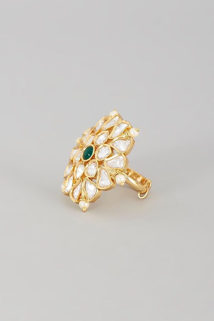 Gold Finish Kundan Polki & Pearl Ring by VASTRAA Jewellery at Pernia's Pop Up Shop