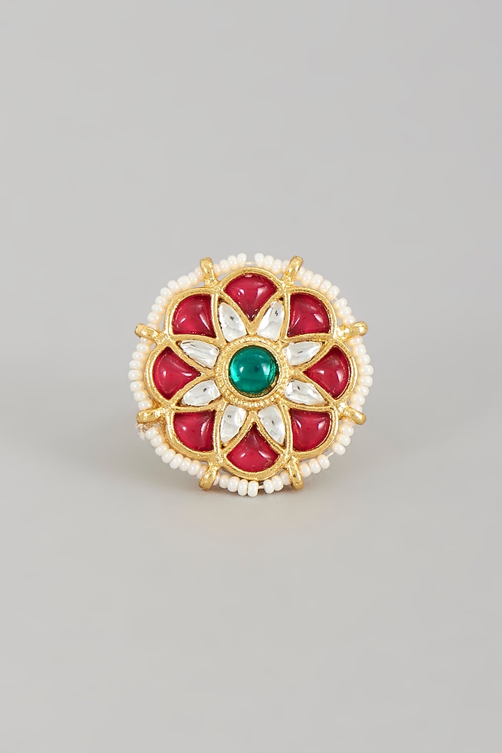 Gold Finish Kundan Polki & Pearl Ring by VASTRAA Jewellery at Pernia's Pop Up Shop