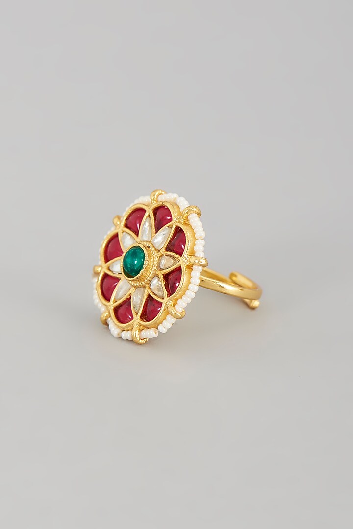 Gold Finish Kundan Polki & Pearl Ring by VASTRAA Jewellery at Pernia's Pop Up Shop