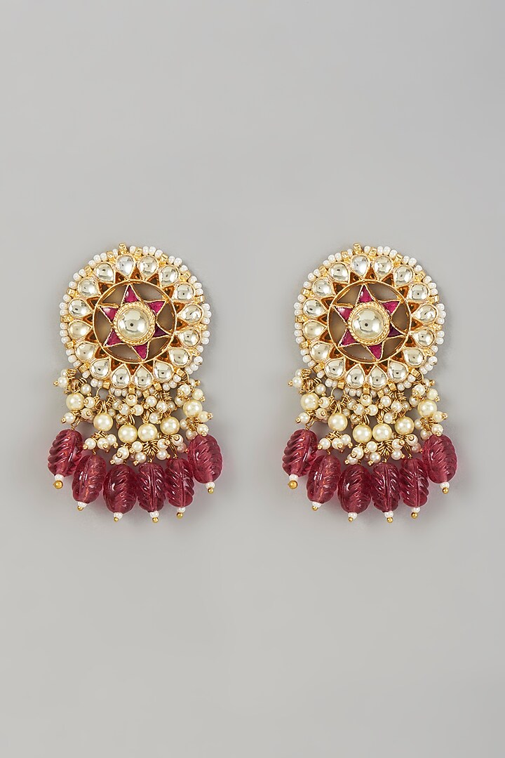 Gold Finish Kundan Polki & Maroon Beaded Earrings by VASTRAA Jewellery at Pernia's Pop Up Shop