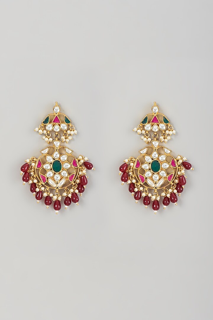 Gold Finish Kundan Polki & Maroon Beaded Earrings by VASTRAA Jewellery at Pernia's Pop Up Shop