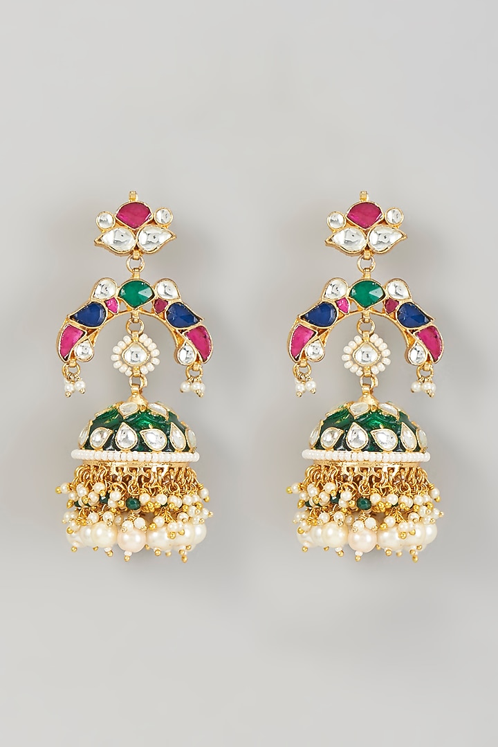 Gold Finish Kundan Polki & Pearl Enameled Earrings by VASTRAA Jewellery at Pernia's Pop Up Shop